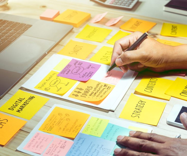 businessman working with notepaper of strategy ideas.Business communication, brainstorming,meeting,plan conceptsNotepaper with male hand.Business brainstorming and communication marketing plan concepts